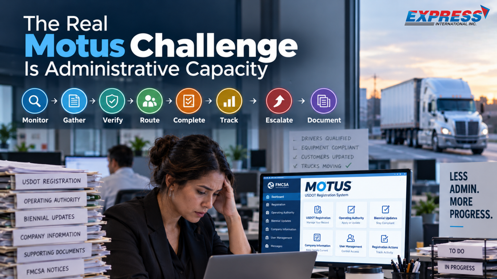 Trucking back-office team managing FMCSA Motus registration tasks and administrative compliance workflows.