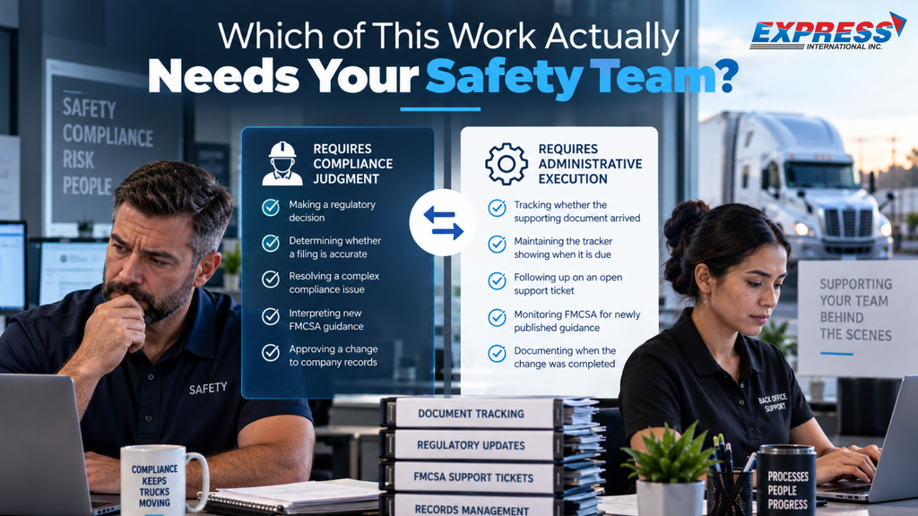 Comparison of trucking compliance tasks requiring Safety Team judgment versus administrative support.